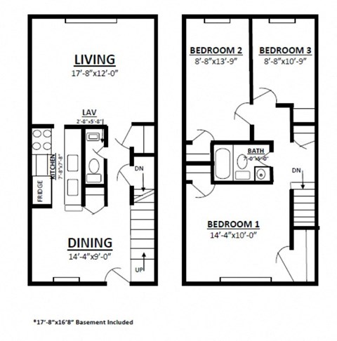 Floor plan for 2 beds, 1.5 baths, 1053 sqft
